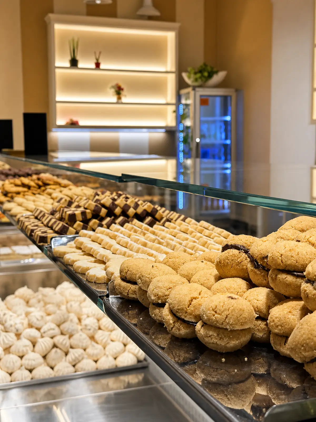 Il banco della biscotteria assortita: vassoi di biscotti secchi, paste di meliga e dolcetti al cioccolato