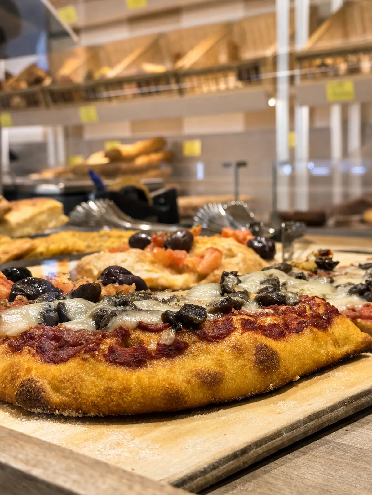 Pizza in teglia con pomodoro, mozzarella e olive, appena tagliata sul tagliere del banco