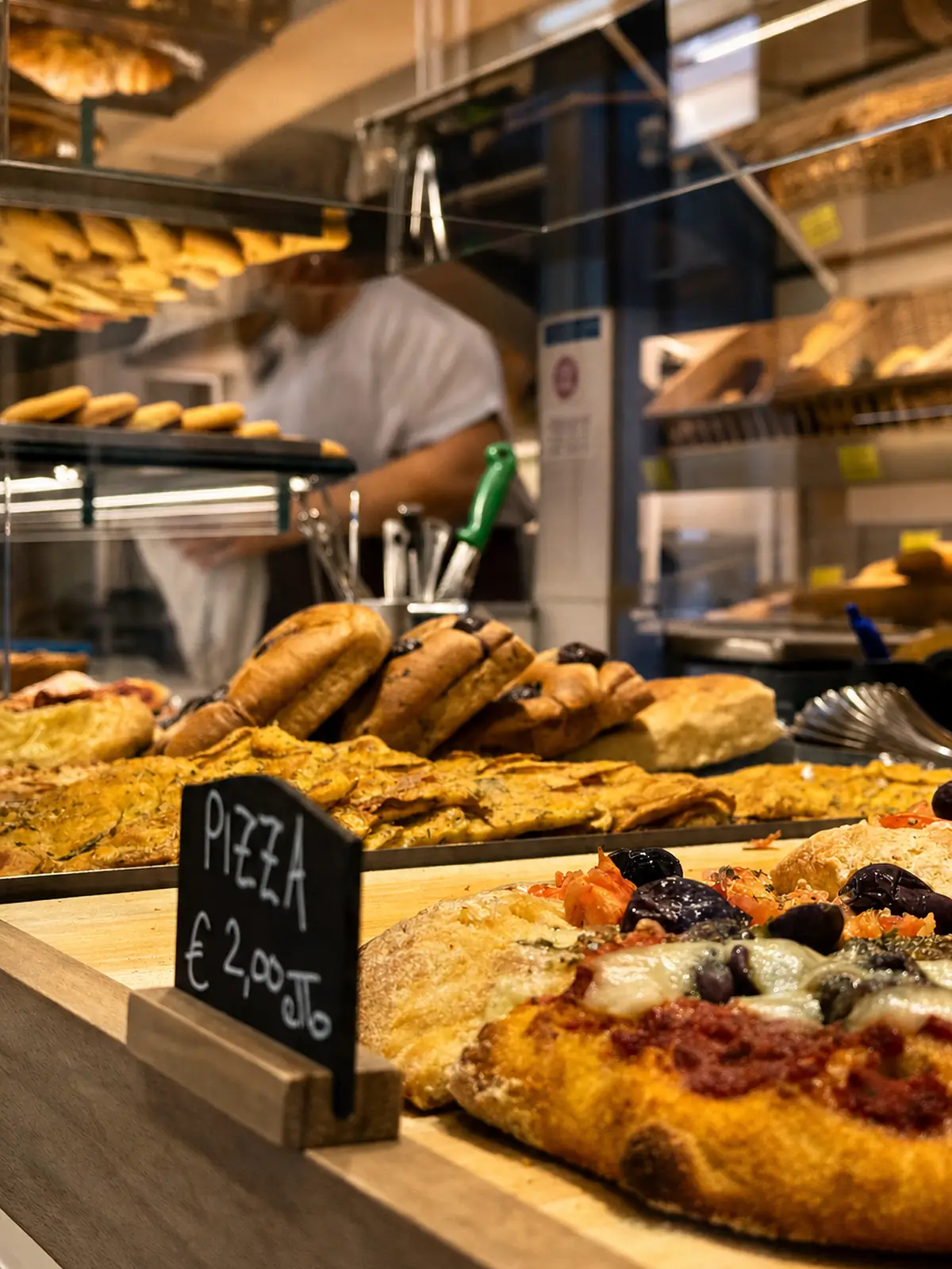 La vetrina del salato con le teglie di pizza e la lavagnetta, vista dal vetro del negozio