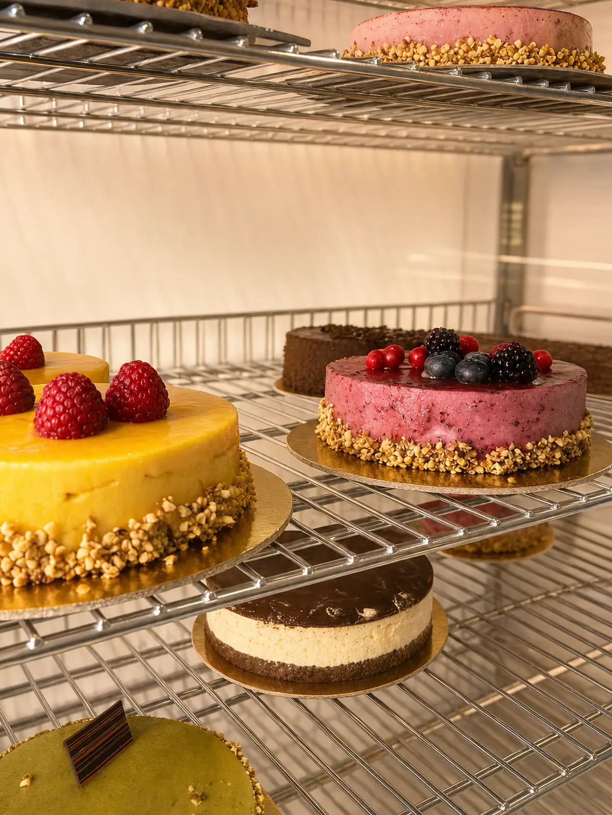 Torte alla frutta e classiche nella vetrina refrigerata del negozio